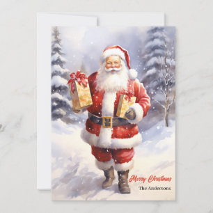Watercolor Santa Claus with Christmas presents Holiday Card