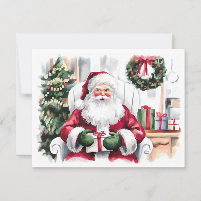 Watercolor Santa Claus with gifts, christmas tree Holiday Card (Front)