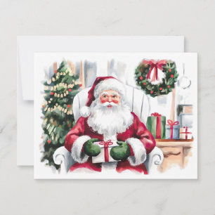 Watercolor Santa Claus with gifts, christmas tree Holiday Card