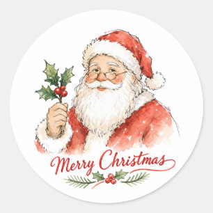 Watercolor Santa Claus with Holly Classic Round Sticker