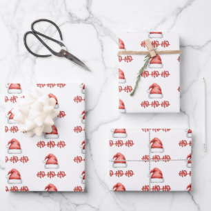 Watercolor Santa Hat Ho Ho Ho Christmas Festive Wrapping Paper Sheet