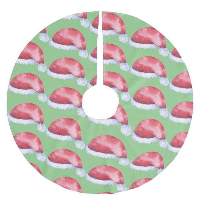 Watercolor Santa Hat Pattern Brushed Polyester Tree Skirt (Front)