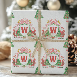 Watercolor Santa Monogram Crest Christmas Wrapping Paper