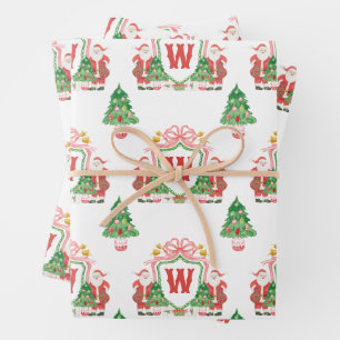 Watercolor Santa Monogram Crest Christmas Wrapping Paper Sheet