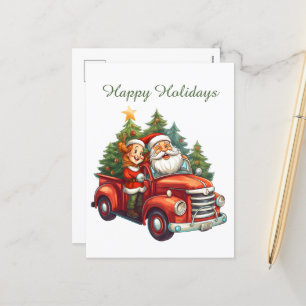watercolor Santa Mrs. Claus driving add text Holiday Postcard