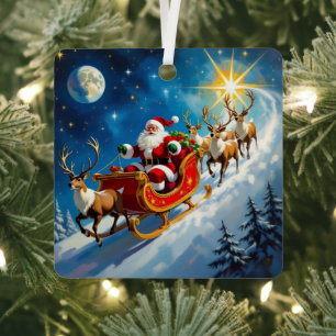 Watercolor Santa on Sleigh Christmas Personalized Metal Tree Decoration