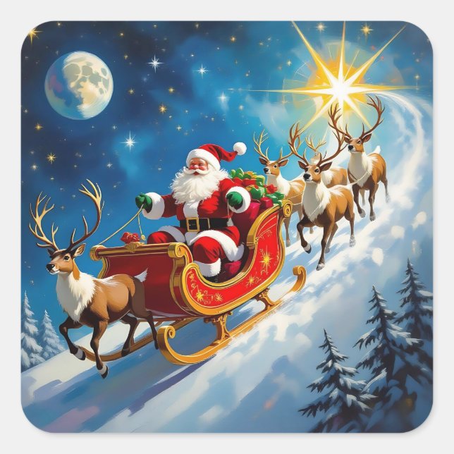 Watercolor Santa on Sleigh Christmas  Square Sticker (Front)