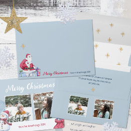 Watercolor Santa Photo Dusty Blue Accent Wrap Envelope