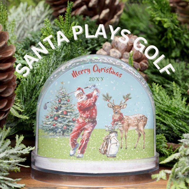 WATERCOLOR SANTA PLAYS GOLF REINDEER WAITS SNOW  SNOWGLOBE (Creator Uploaded)