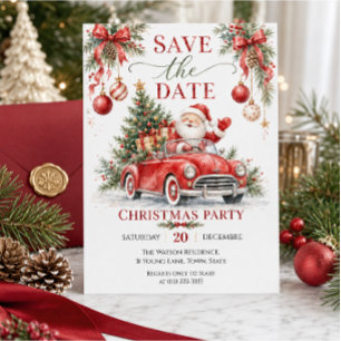 Watercolor Santa Red Car Christmas Party Save the  Invitation