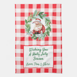 Watercolor Santa Red Check Jolly Christmas Tea Towel