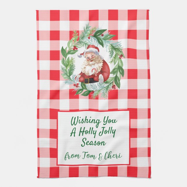Watercolor Santa Red Check Jolly Christmas Tea Towel (Vertical)