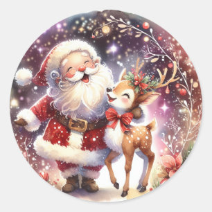 Watercolor Santa Reindeer Christmas Cute Classic Round Sticker