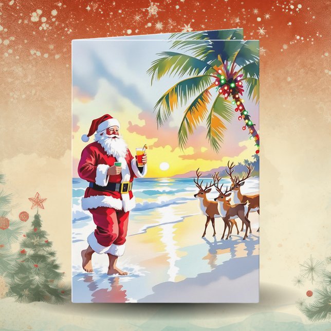Watercolor Santa & Reindeer on the Beach Christmas Holiday Card (Creator Uploaded)