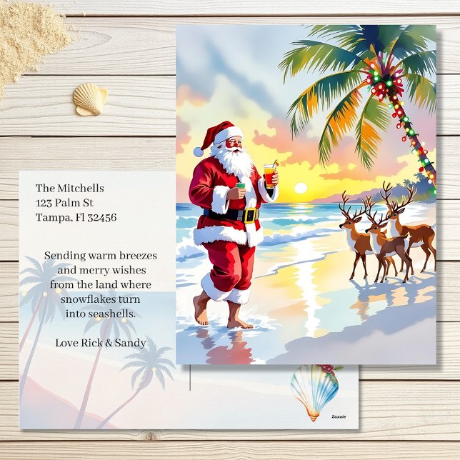Watercolor Santa & Reindeer on the Beach Christmas Holiday Postcard (Creator Uploaded)