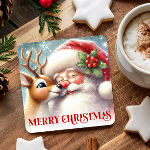 Watercolor Santa Rudolph Merry Christmas Coaster  