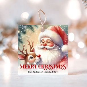 Watercolor Santa Rudolph Merry Christmas Gift Tag