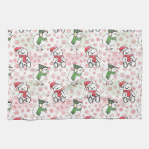 Watercolor santa teddy bear and birdie Christmas Tea Towel