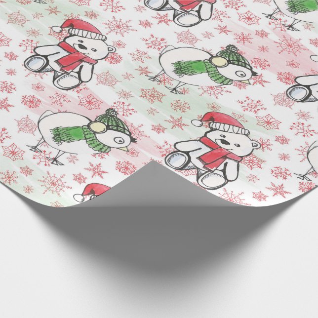 Watercolor santa teddy bear and birdie Christmas Wrapping Paper (Corner)