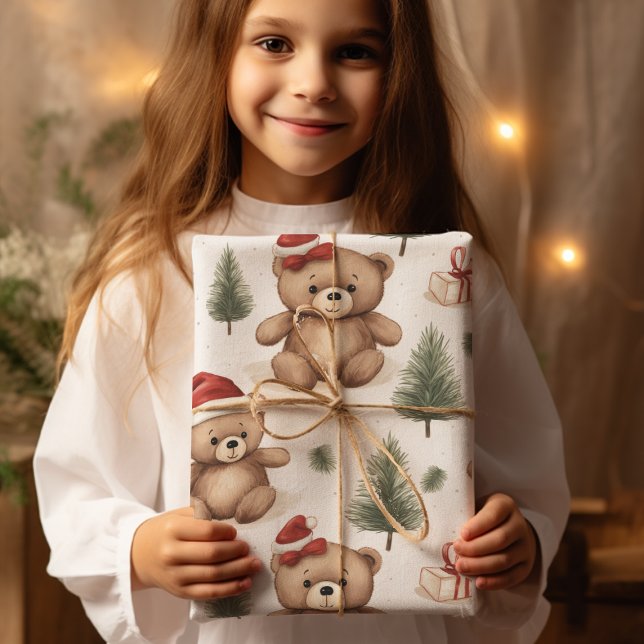 Watercolor Santa Teddy Bear & Pine Trees Christmas Wrapping Paper (Creator Uploaded)