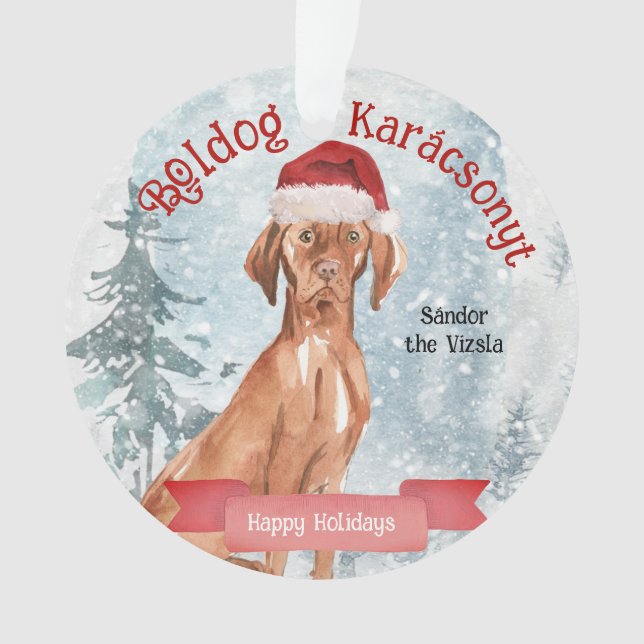 Watercolor Santa Vizsla Boldog Karácsonyt   Ornament (Front)