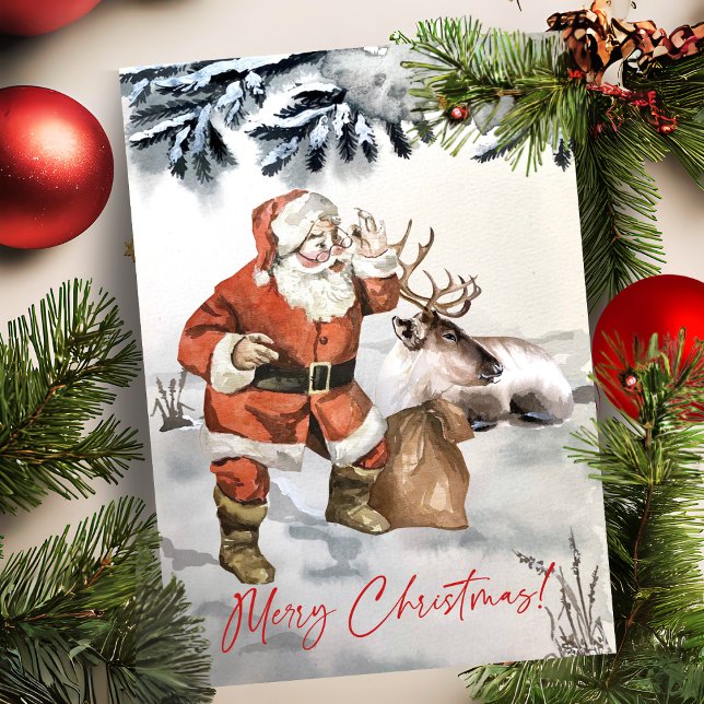 Watercolor Santa With Reindeer Custom Christmas Holiday Card (Watercolor Santa With Reindeer Custom Christmas Holiday Card)