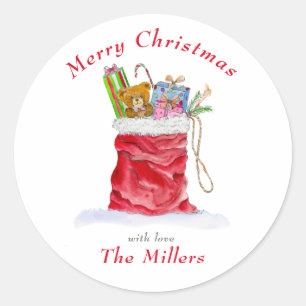 Watercolor Santa's Gift Bag Christmas Classic Round Sticker