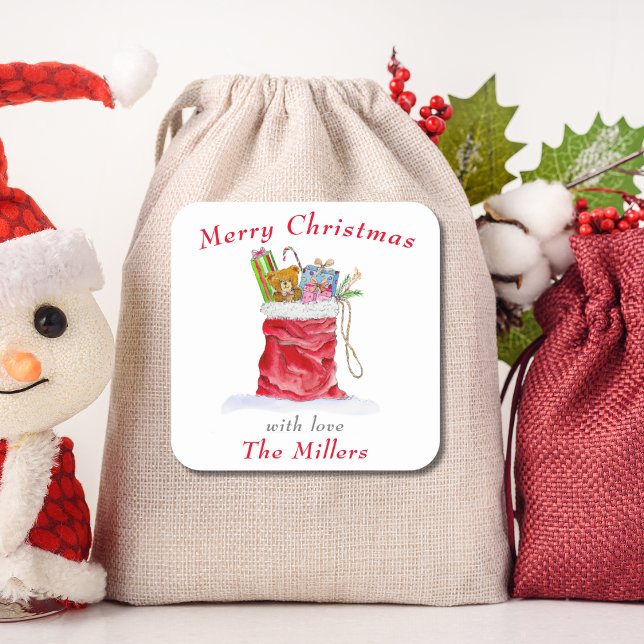 Watercolor Santa's Gift Bag Christmas  Square Sticker (Creator Uploaded)