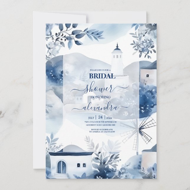 Watercolor Santorini Destination Bridal Invitation (Front)