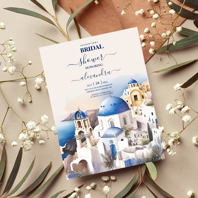 Watercolor Santorini Destination Bridal Invitation (Creator Uploaded)