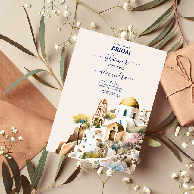 Watercolor Santorini Destination Bridal Invitation (Creator Uploaded)