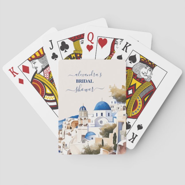Watercolor Santorini Destination Bridal Playing Cards (Back)