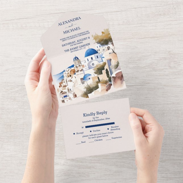 Watercolor Santorini Destination Wedding All In One Invitation (Tearaway)