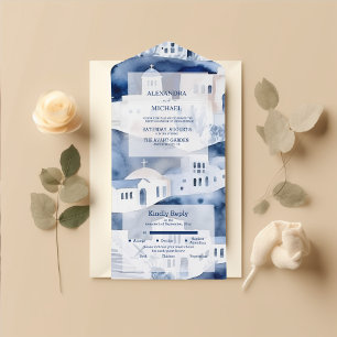 Watercolor Santorini Destination Wedding  All In One Invitation