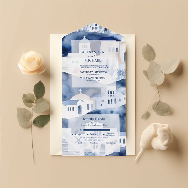 Watercolor Santorini Destination Wedding  All In One Invitation (Creator Uploaded)