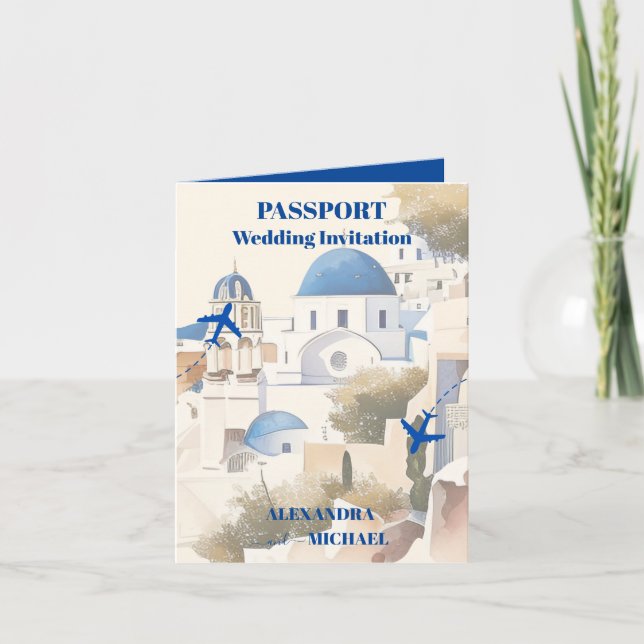 Watercolor Santorini Destination wedding Invitation (Front)