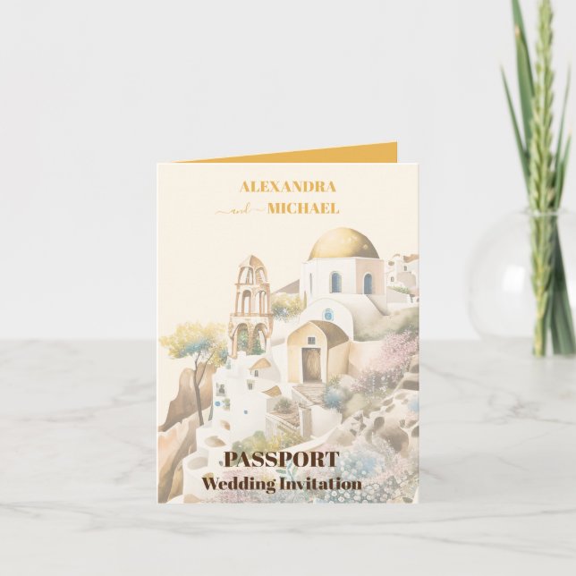 Watercolor Santorini Destination wedding Invitation (Front)