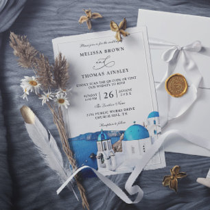 Watercolor Santorini Greece Budget QR Code Wedding Invitation