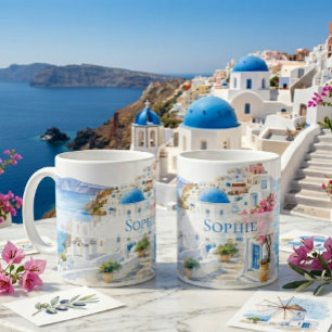 Watercolor Santorini Greece Custom Name Gift Coffee Mug