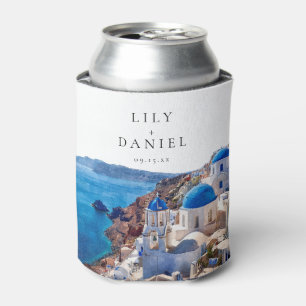 Watercolor Santorini Greece Destination Wedding Can Cooler