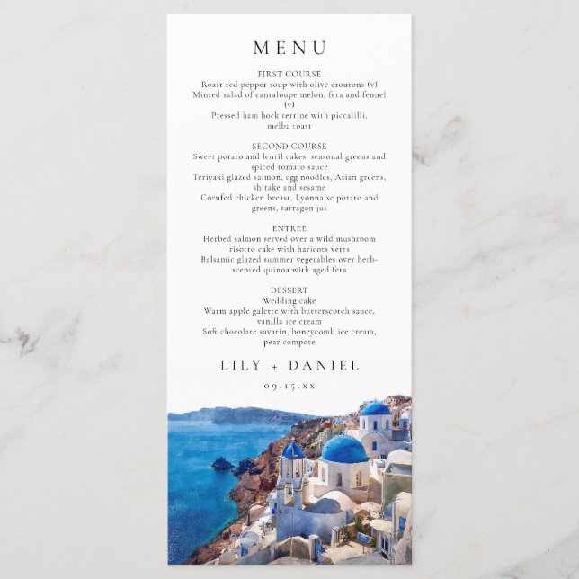Watercolor Santorini Greece Destination Wedding Menu (Front)