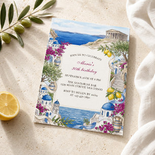 Watercolor Santorini Greece Mediterranean Birthday Invitation