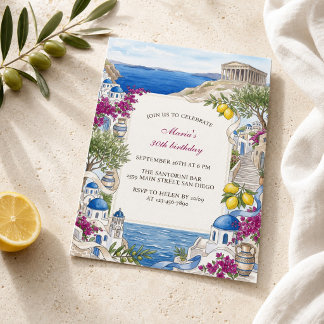 Watercolor Santorini Greece Mediterranean Birthday Invitation
