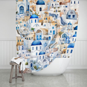 Watercolor Santorini Greece Modern Greek Vacation Shower Curtain