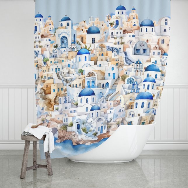 Watercolor Santorini Greece Modern Greek Vacation Shower Curtain (Creator Uploaded)