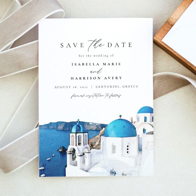 Watercolor Santorini Greece Skyline Save the Date  Invitation (Creator Uploaded)