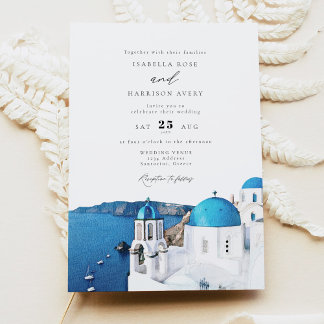 Watercolor Santorini Greece Skyline Wedding Invitation