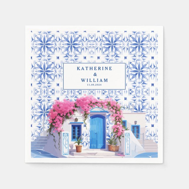 Watercolor Santorini Greece wedding blue and white Napkin (Front)