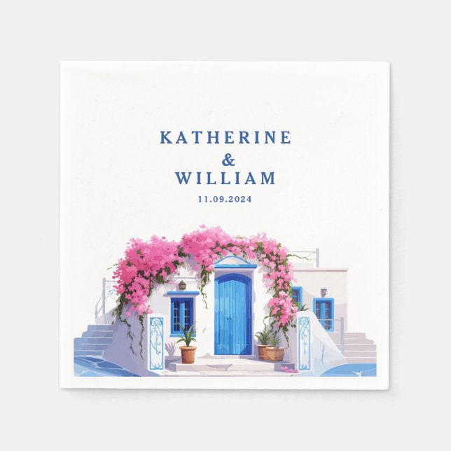 Watercolor Santorini Greece wedding blue and white Napkin (Front)