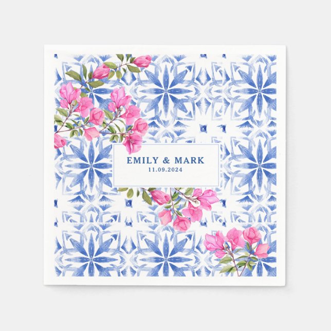 Watercolor Santorini Greece wedding blue and white Napkin (Front)